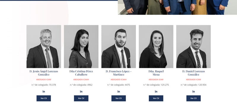Página del equipo de abogados de un bufete