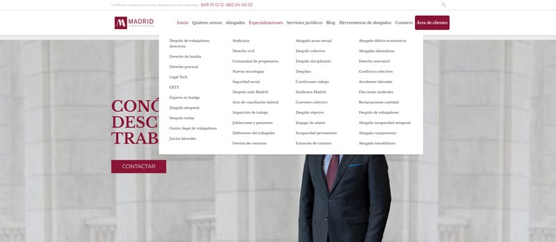 Menú servicios de una web de abogados