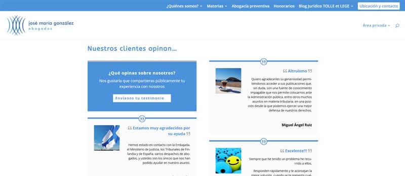 Página de testimonios en una web de abogados