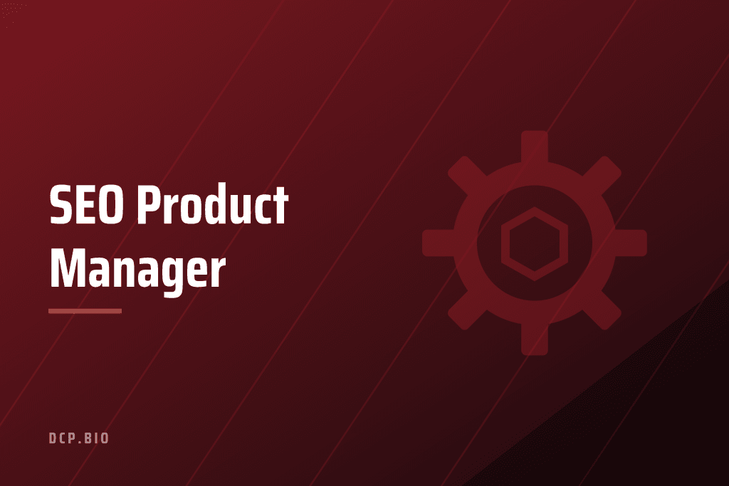 Cabecera del artículo SEO Product Manager, con icono de engranaje y producto sobre fondo granate