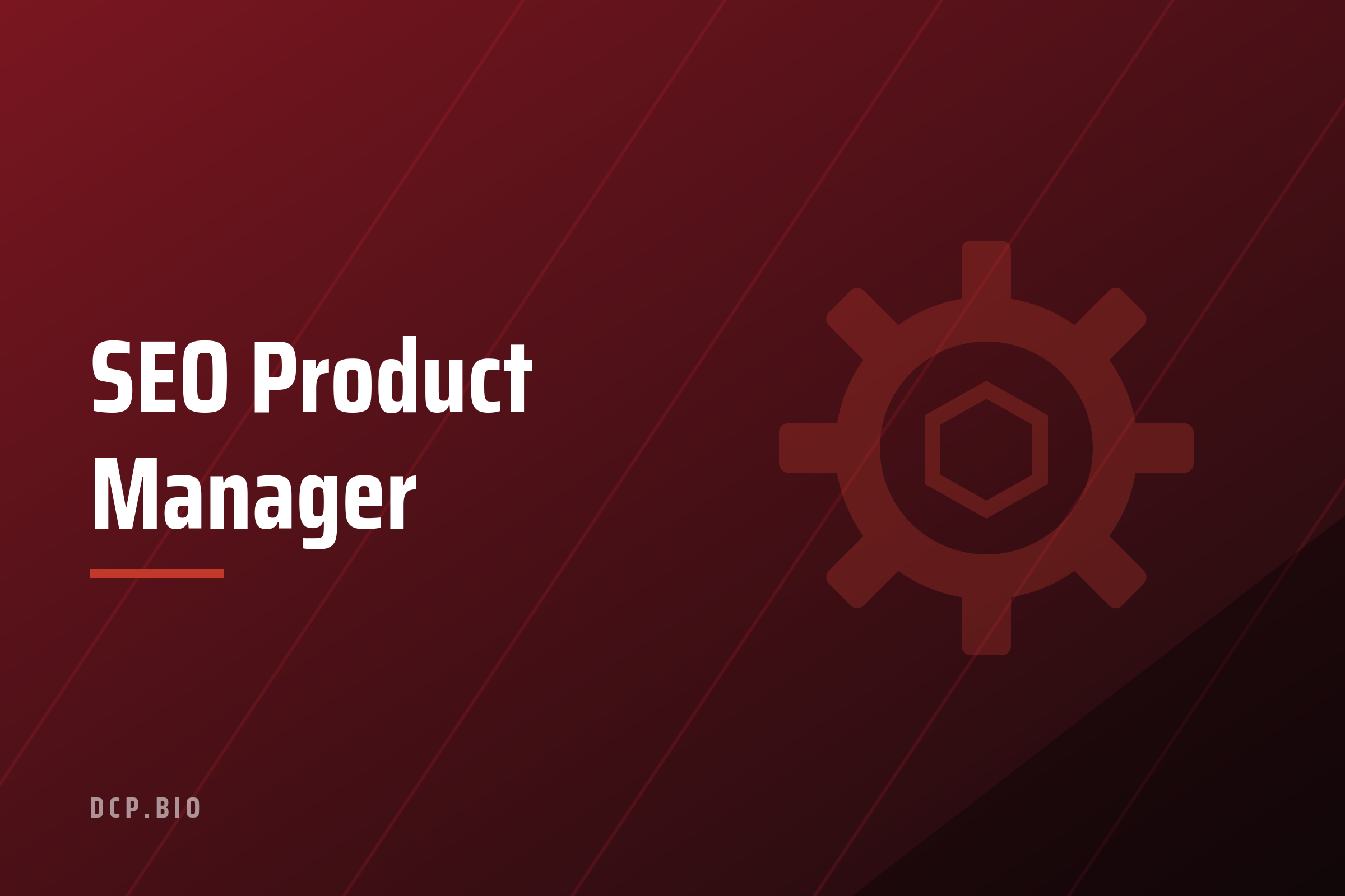 Cabecera del artículo SEO Product Manager, con icono de engranaje y producto sobre fondo granate