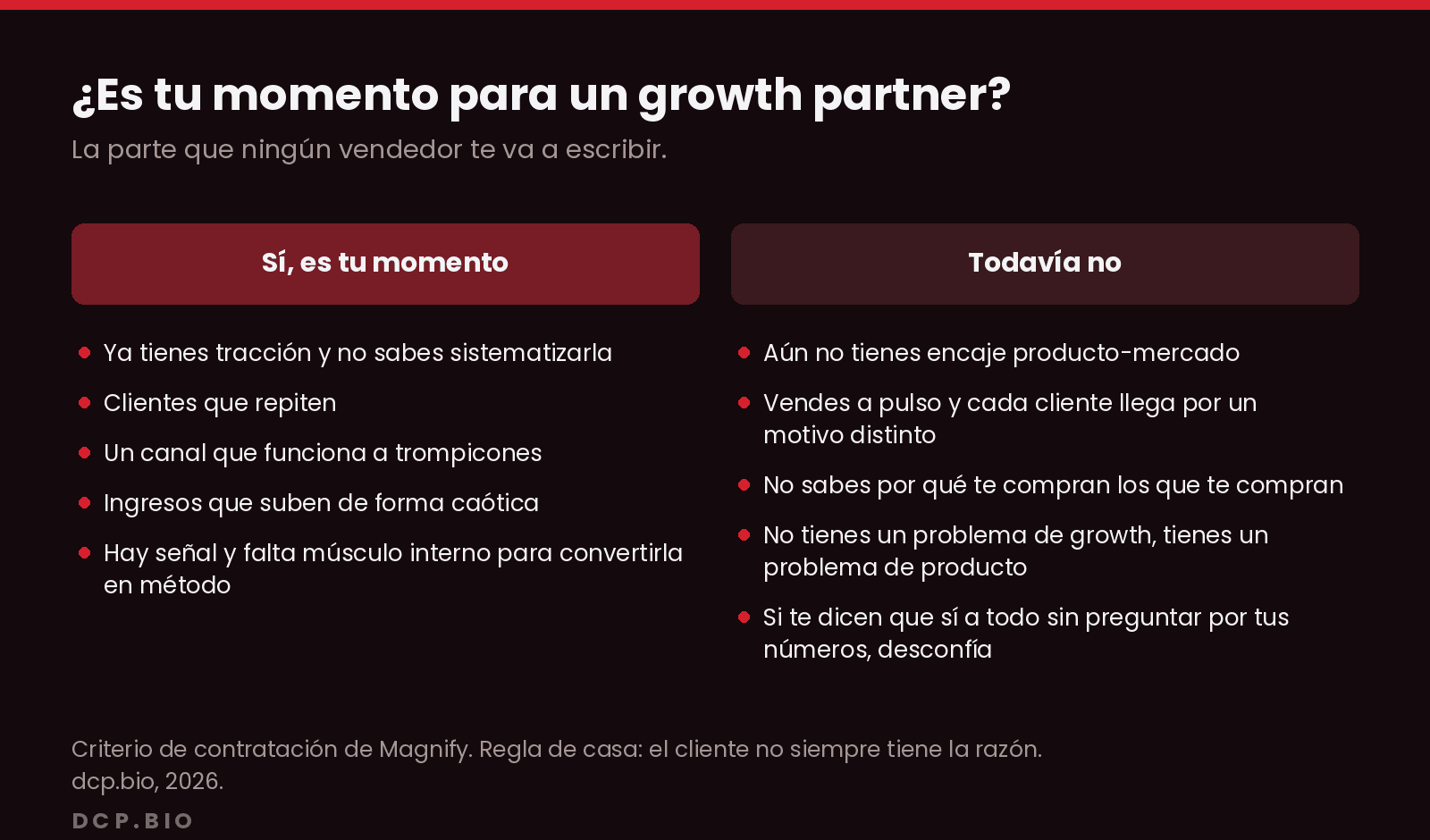 Dos columnas que comparan cuándo sí necesitas un growth partner (ya tienes tracción sin sistematizar) y cuándo todavía no (no tienes encaje producto-mercado)